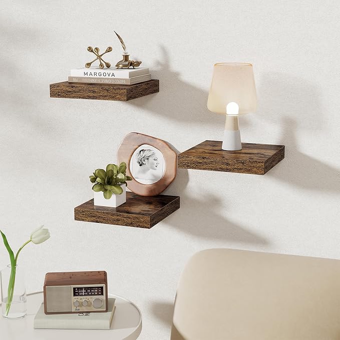 Fun Memories Square Floating Shelves for Wall, 9.3" W x 9.3" D x 1.4" H, Shelves for Wall with Invisible Brackets, Small Wood Storage Shelves for Kitchen, Living Room, Bedroom, Set of 3(Rustic Brown)