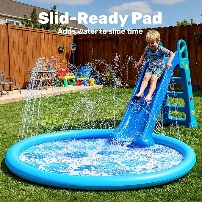 SLOOSH Splash Pad Sprinkler Mat - 6ft Tropical Leaves Outdoor Water Play Toys for Kids Dogs, Backyard Party in Summer Decor Outside Water Games Fountain Pool Children Boys Girls Toddlers Baby (Blue)