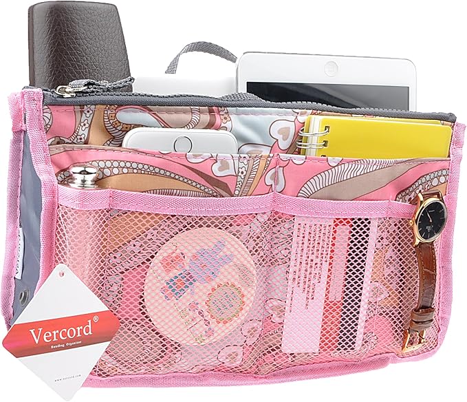 Vercord Purse Organizer Insert for Handbags Bag Organizers Inside Tote Pocketbook Women Nurse Nylon 13 Pockets Pink Flowers Medium