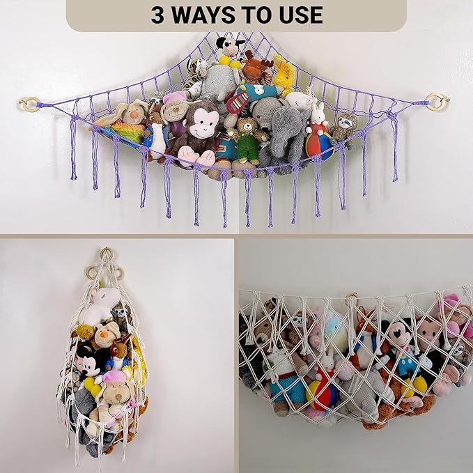 ABBY BABY Large Stuffed Animal Hammock Corner - Stuffed Animal Storage - 100% Natural Cotton Macrame Stuffed Animal Net - Stuff Animal Organizer - Net For Stuffed Animals Corner Large - Purple