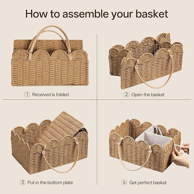 HBlife Large Baby Diaper Caddy, Paper Rope Scalloped Storage Baskets Nursery Bin with Removable Divider, Portable Car Organizer for Diapers, Baby Shower Gifts, Newborn Essentials Must Haves, Brown