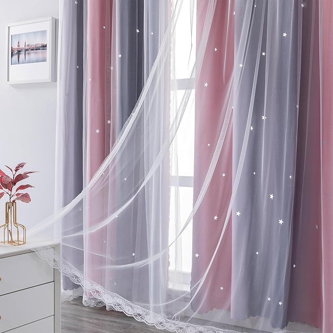 XiDi Dream Star Blackout Curtains for Kids Rooms Girl Princess Curtain for Daughter Bedroom Window (Pink Grey, W52 X L84)
