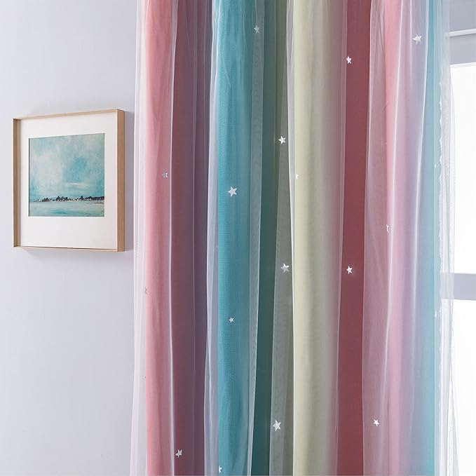 XiDi Curtains for Bedroom Decor, Rainbow Pink-Blue-34-45