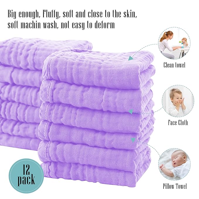Cute Castle 12 Pack Muslin Burp Cloths for Baby - Ultra-Soft 100% Cotton Baby Washcloths - Large 20'' by 10'' Super Absorbent Milk Spit Up Rags - Burpy Cloths for Unisex, Boy, Girl - Purple