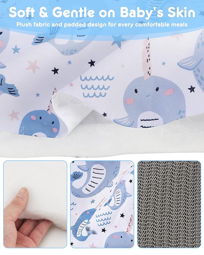 High Chair Cover Portable with 3-Point Harness, Waterproof Baby Seat Cover for Restaurant Travel Home Use, Machine Washable, Fits Wooden Chairs (Blue Whale)