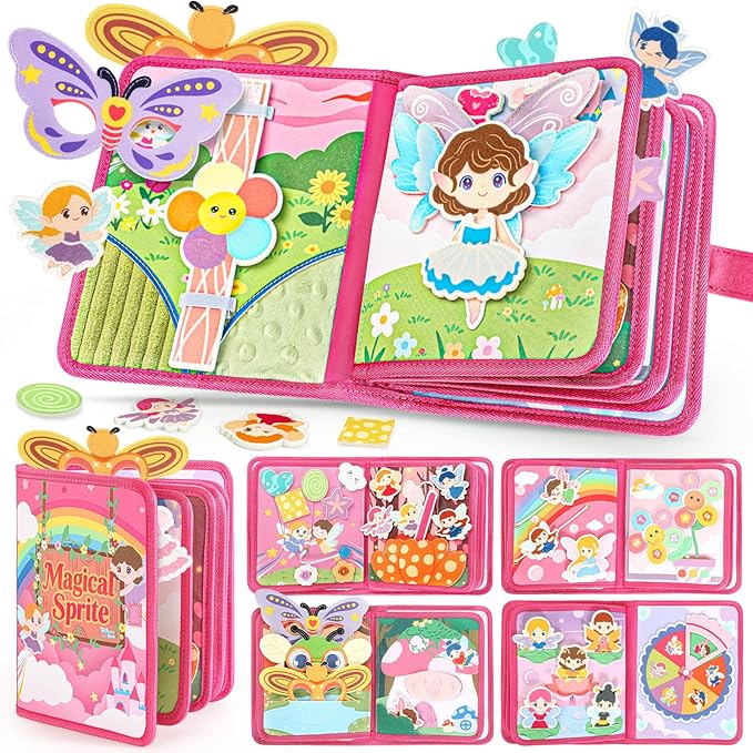 22 in 1 Busy Book for Toddlers 1-3-Sprite Montessori Toy Busy Board for 1 Year Old with Fishing Game, Educational Sensory Quiet Toy, Airplane Car Travel Essential Valentines Birthday Easter Gift Girl