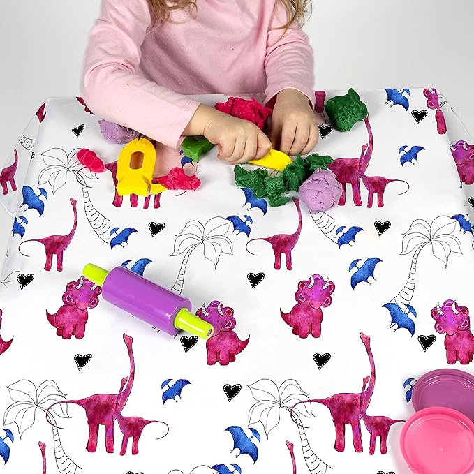 JumpOff Jo - Large Baby Splat Mat for Under High Chair, Booster Seat, Tabletop, Food Catcher - Protect Floor and Carpet from Spills & Crafts - Waterproof and Washable (Pink Dinosaur)
