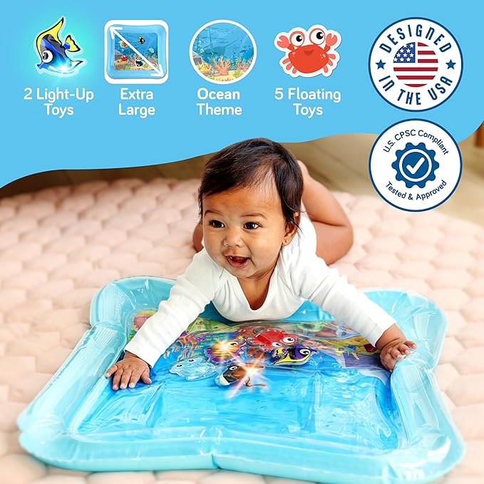 SplashEZ Lights Up Tummy Time Water Mat for Babies, Large Baby Water Mat Tummy Time for Sensory Play with LED Glowing Fishes, Inflatable Fun Play Pad for Infants & Toddlers 3 to 36 mo
