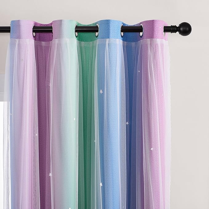 XiDi Curtains for Bedroom Decor, Rainbow Green PurpleBlue34/54/1