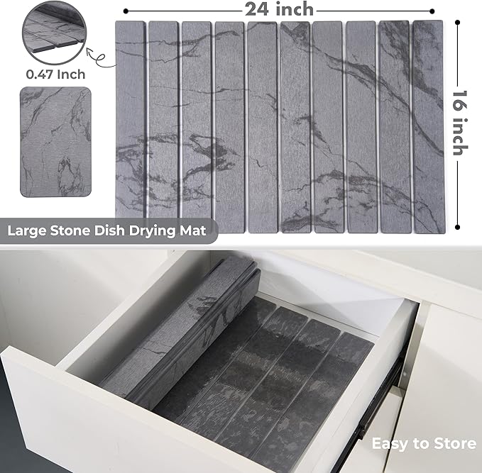 Large Stone Dish Drying Mat for Kitchen Counter, 2PCS Stone Drying Mat for Kitchen Counter, Foldable Water Absorbing Diatomaceous Earth Drying Pad for Bottles Dish Cups(Dark Gray 24"×16" & 8"x5")