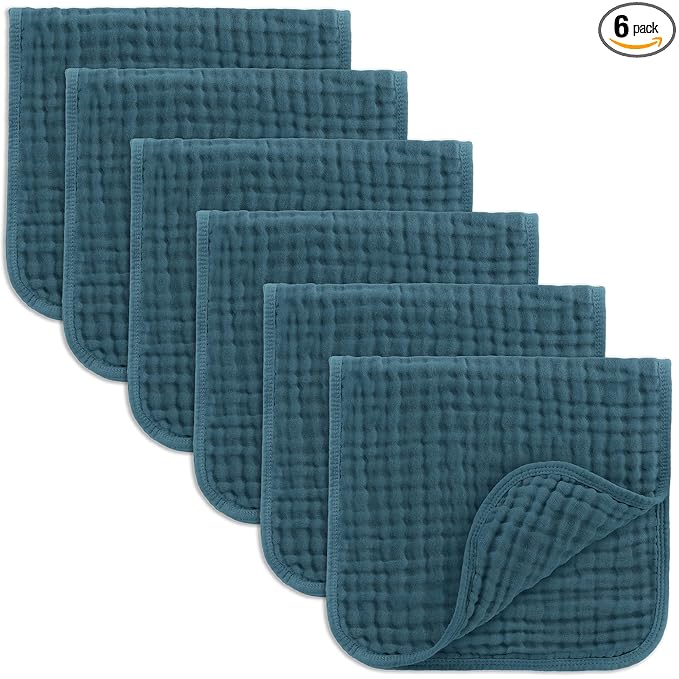 Comfy Cubs Muslin Burp Cloths 20" x 10", Pack of 6 - Large, 6-Layer, Ultra Absorbent 100% Cotton for Baby Drool and Messes - Soft, Safe & Gentle Baby Burp Cloths Set for Boys & Girls - Neptune