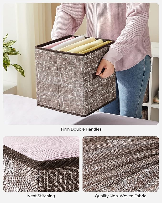 SONGMICS Storage Cubes, 11-Inch Non-Woven Fabric Bins with Double Handles, Set of 6, Closet Organizers for Shelves, Foldable, for Clothes, Walnut Color UROB026K02