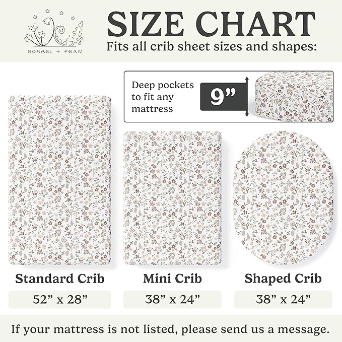 Crib Sheets Neutral - Fitted Baby Crib Sheets Bed for Girl Boy - 2 Pack Standard & Toddler Mattress - Buttery Soft Organic Cotton Blend (Fleurette)