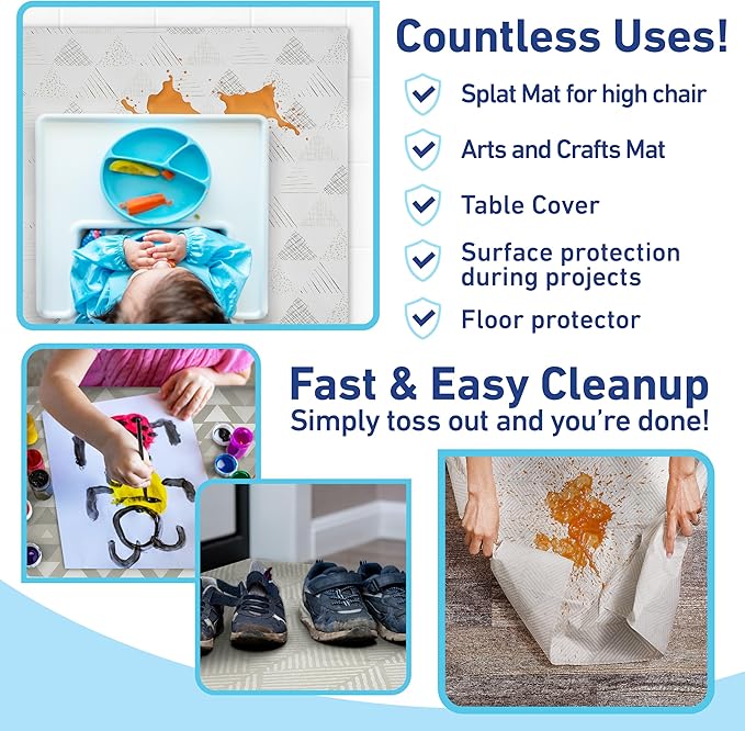 Graco Baby Disposable Splat Mats – 60 Count (6 Designs, 10 of Each), 47" x 40", Biodegradable Floor Protector for Mealtime, Under High Chair, Home & Restaurant Use