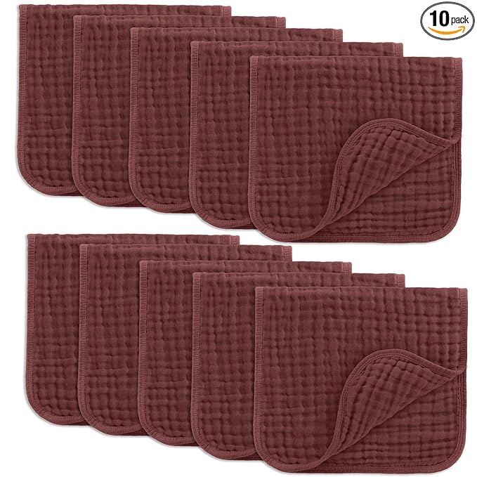 Comfy Cubs Muslin Burp Cloths 20" x 10", Pack of 10 - Large, 6-Layer, Ultra Absorbent 100% Cotton for Baby Drool and Messes - Soft, Safe & Gentle Baby Burp Cloths Set for Boys & Girls - Wine