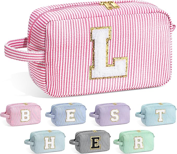 YOOLIFE Birthday Gifts for 6 7 8 9 10 11 12 13 14 15 Year Old Teen Girl - Initial Makeup Bag Letter Toiletry Pouch Cosmetic Case, Personalized Teen Girl Gifts Trendy Stuff Party Favor, Pink L
