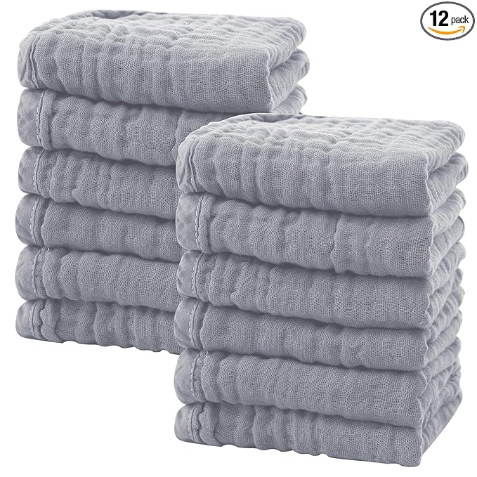 SWEET DOLPHIN 12 Pack Baby Muslin Washcloths - Soft Face Cloths for Newborn, Absorbent Bath Wash Cloths, Wipes, Burp Rag - Toddlers Essentials Stuff, Baby Registry as Shower -10"x10", Grey