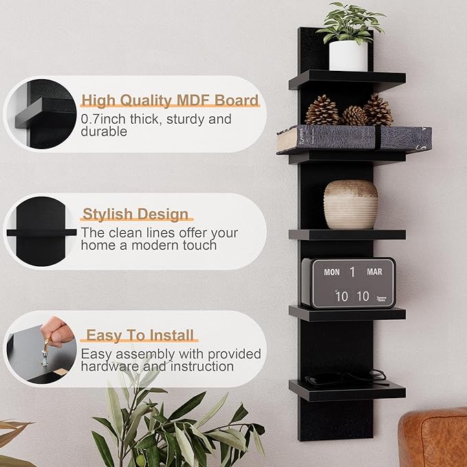 Fun Memories 5 Tier Wall Shelf Unit, Black Floating Shelves for Storage - Vertical Column Tower Design, Lack Wall Shelf Space Saving Organizer for Bedroom, Living Room, Home Decor， 2Pack