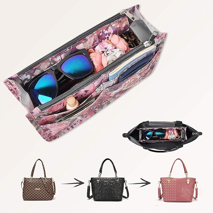 Vercord Patterned Purse Handbag Tote Pocketbook Bag Organizer Insert with Zipper Handle for Women Large Peony