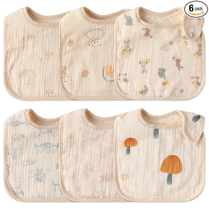 Zainpe 6Pcs Snap Muslin Cotton Baby Bibs Rabbit Bear Sheep Pattern Bandana Drool Cloths Soft Absorbent Adjustable Burp Cloth Feeding Bib for Newborns Girls Boys Toddlers Teething Eating 0 to 36 Months