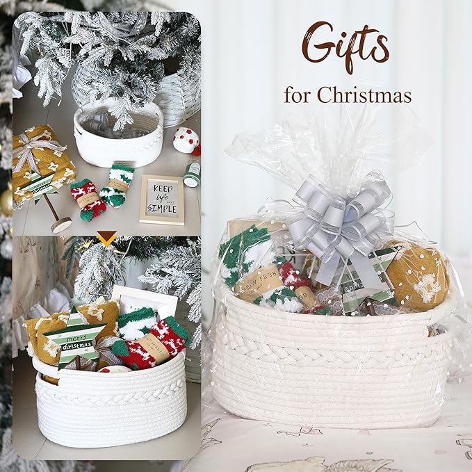 Sea Team Woven Cotton Rope Gift Basket with Gift Bags & Ribbons, Optional Stuffed Bear & Sunflower, Baby Shower Present, Pet Gift or Nursery Storage Bin, 13.4 x 9.1 x 7.1 Inches, White