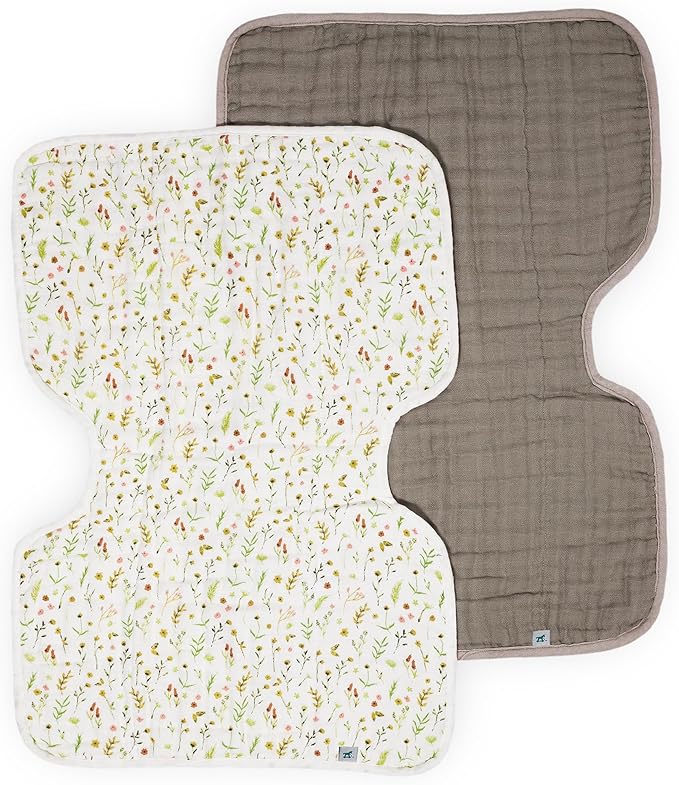 Little Unicorn 100% Natural Organic Cotton Burp Cloth 2 Pack | Ultra-Absorbent & Soft Muslin Fabric | Larger Size & Ergonomic Design (Floral Field + Driftwood)