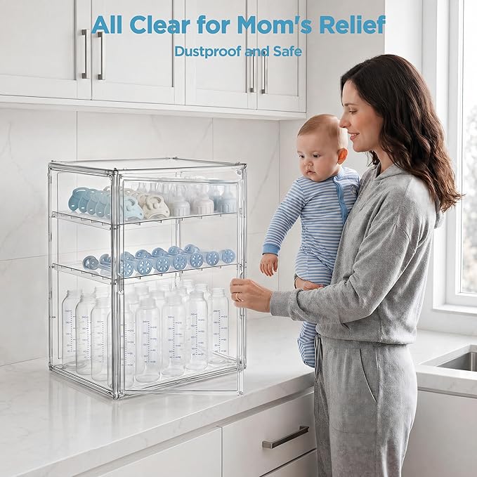 HBlife Baby Bottle Storage Organizer for Countertop Cabinet, 3 Tiers Adjustable Clear Acrylic Bottles Storage Station Case Box Container with 2 Removable Dividers and Magnetic Door, XXL