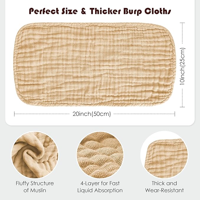 Spotted Play Muslin Burp Cloths 100% Cotton Large 20''x10'' Extra Soft and Absorbent Baby Wash Cloths Spit Up Rags - Baby Burping Cloth for Boys Girls Items(12 Pack Brown)