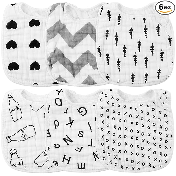 Zainpe 6Pcs Snap Muslin Cotton Bibs for Baby Love Heart Milk Letter Pattern Bib with 6 Absorbent Soft Layers, Machine Washable Burp Cloths for Infants Newborns Toddlers Drooling Feeding and Teething