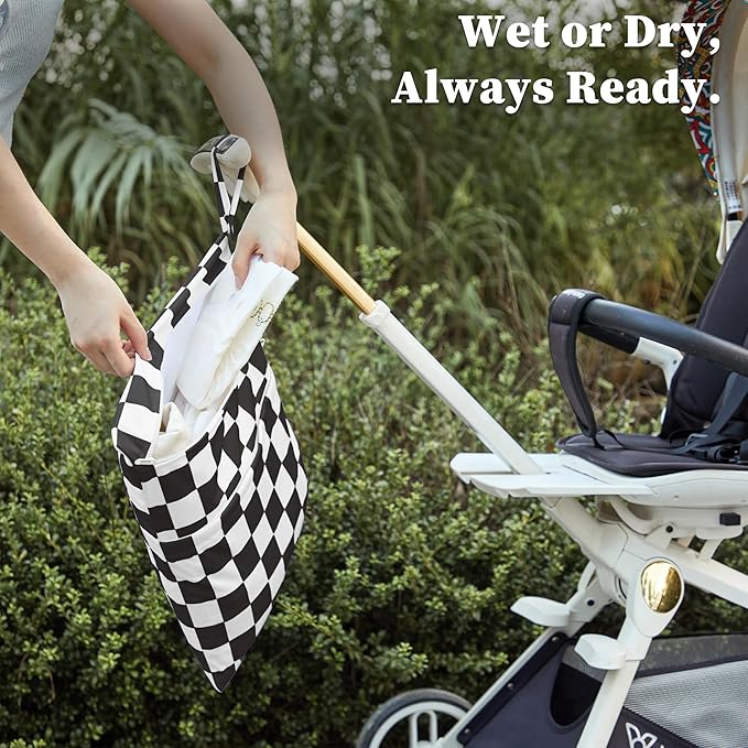 Ohocut Black Checkered Waterproof Wet Dy Diaper Bag for Baby Essentials, Travel, Swimsuit, Beach Bag Accessories, Aesthetic Trendy Cute Toddler Baby Cloth Bag Pouch, Pack of 2