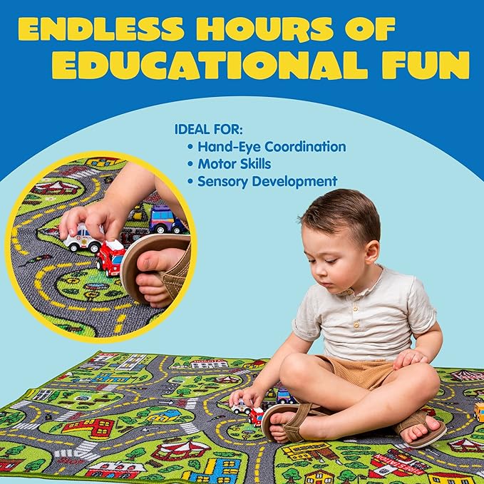 JOYIN Kids Play Rugs - 12 Pull-Back Vehicle Set - Durable Carpet Playmat Rug - City Pretending Play - Toddler Car Track Rug