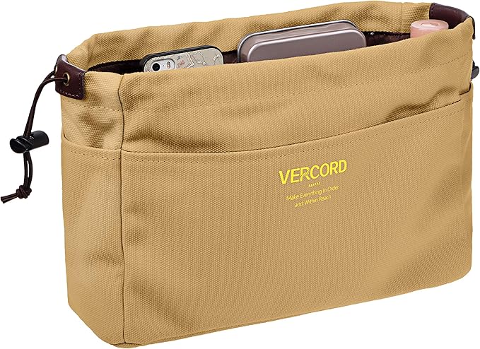 Vercord Canvas Handbag Organizers, Sturdy Purse Insert Organizer Bag in Bag, 10 Pockets Khaki Small
