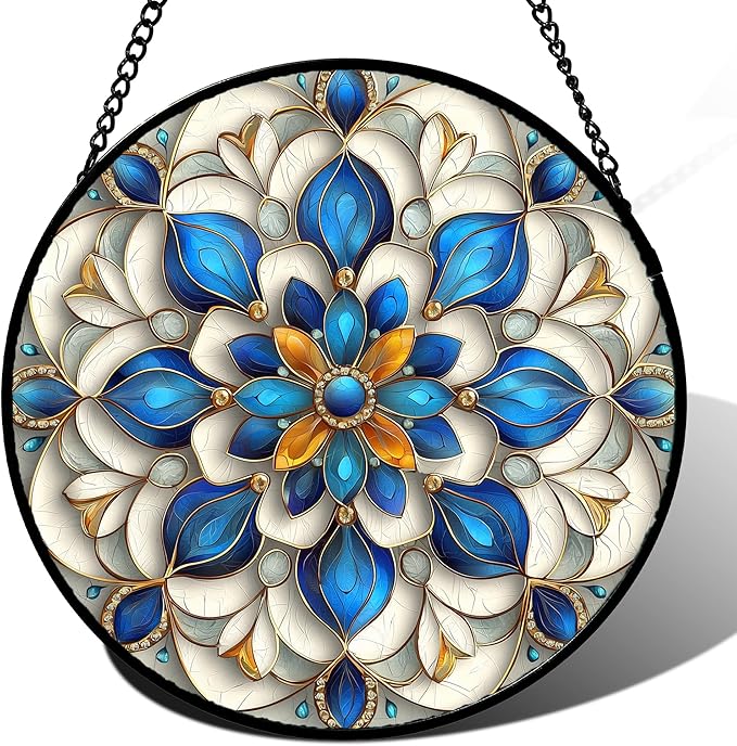 JOSUMALY Stained Glass Window Hanging - Blue and White Abstract Flowers Suncatcher for Door Terrace Garden Home Decor, Gold Sun Catcher Birthday Gifts for Lovers Women Men Dad Mom Nana 6.3 in