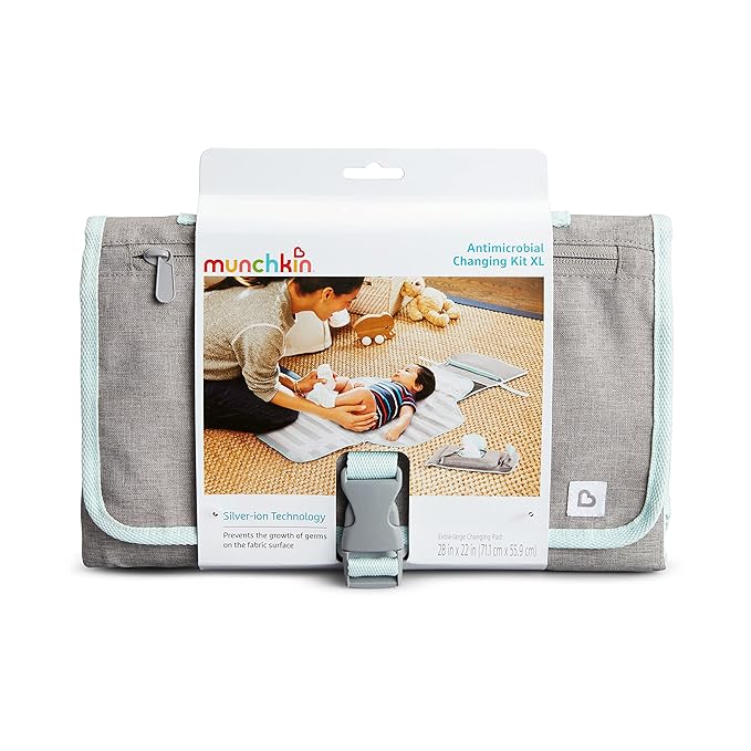 Munchkin Portable Changing Pad – Lightweight and Compact Baby Diaper Changing Mat with Silver-Ion Technology, Includes 12 Diaper Disposal Bags, Grey
