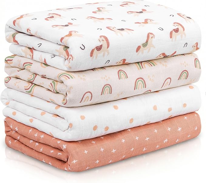 Muslin Swaddle Blankets for Newborn, 4 Pack Cotton Baby Blankets, Large 31.5 x 43.3 inch Breathable Soft Receiving Blanket, Essentials Swaddle Wrap Burping Clothes, Orange Rainbow Horse