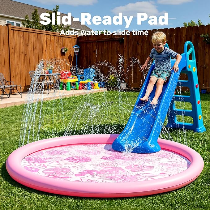 SLOOSH Splash Pad Sprinkler Mat - 6ft Tropical Leaves Outdoor Water Play Toys for Kids Dogs, Backyard Party in Summer Decor Outside Water Games Fountain Pool Children Boys Girls Toddlers Baby (Pink)
