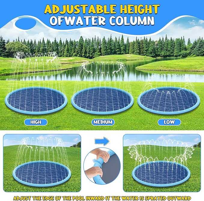 Non-Slip Splash Pad for Kids and Dog, 70" Extra Large Baby Play Mat, Dog Pool Toys, Thicken Sprinkler Pool Summer Outdoor Water Toys for Ages 3-12 Boys Girls, Parent-Kids &Games Fun Backyard (Blue)