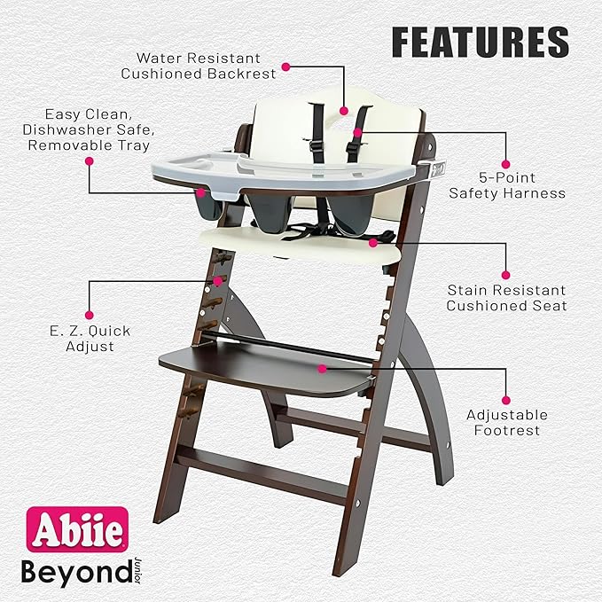 Abiie Beyond Junior Wooden High Chair with Tray - Adjustable and Convertible High Chair for Babies and Toddlers - 6 Months to 250 Lb - Water Resistant - Mahogany Wood/White Cushion