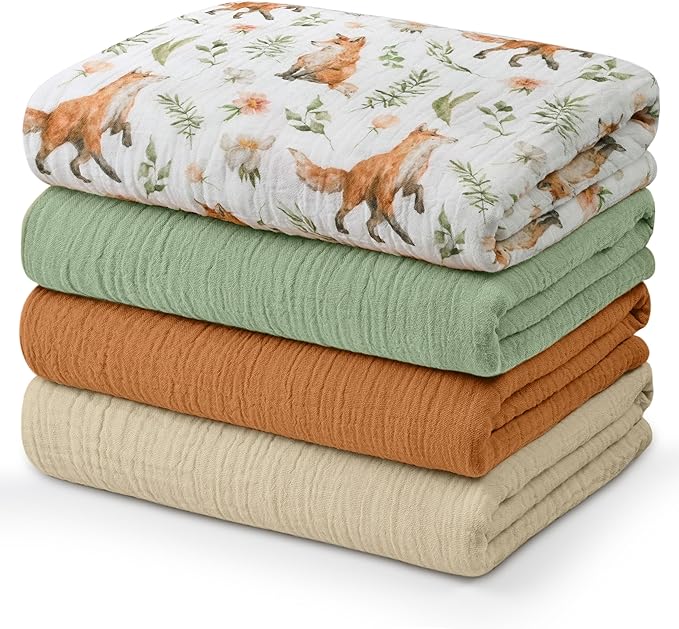 Muslin Swaddle Blankets for Newborn, 4 Pack Breathable Soft Receiving Blanket, Large 38 x 40 inches Swaddle Wrap Burping Clothes, Essentials Infant Shower Items, Toddler Gift (Forest Fox)