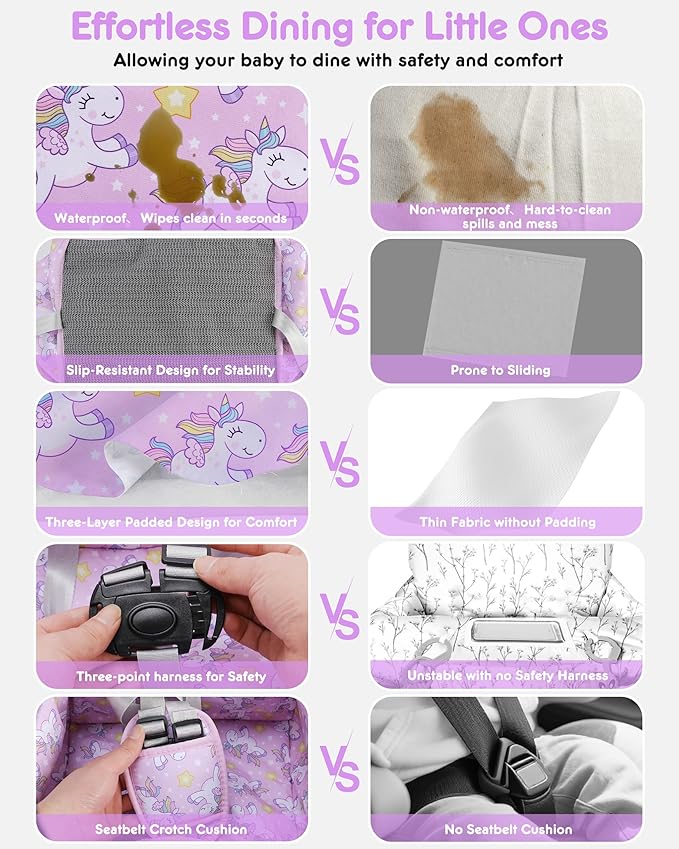High Chair Cover Portable with 3-Point Harness, Waterproof Baby Seat Cover for Restaurant Travel Home Use, Machine Washable, Fits Wooden Chairs (Purple Unicorn)