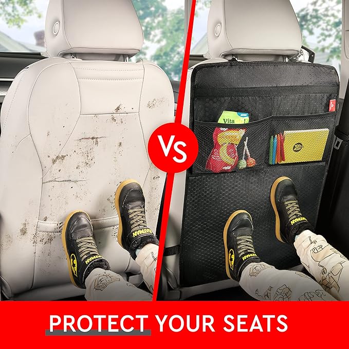 Helteko Back Seat Protector for Car, 2 Pack Premium Kick Mats for Kids, Extra Large Car Seat Cover for Backseat with Mesh Pockets, Waterproof Dirt & Mud Protection, Gray