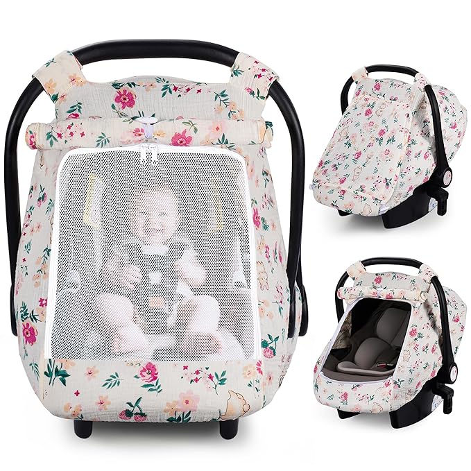 Rquite Car Seat Cover Baby, Carseat Covers Girl Boy, Breathable Muslin Cotton, Large Mesh Window, Infant Car Seat Canopy Baby Carrier Cover Stroller Sun Shade for Summer & Hot Day