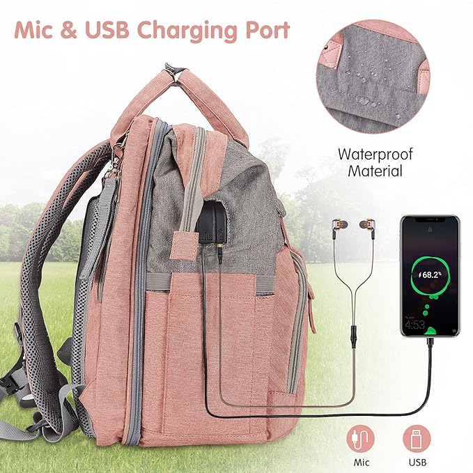 DERJUNSTAR Diaper Bag Backpack – Large Capacity Baby Diaper Bag with Changing Pad for Dad and Mom, Waterproof Travel Backpack, Multi-Function Bag with USB Charging Port, Rose Pink