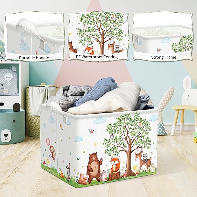 TREWAVE Baby Storage Basket Woodland Animals Gift Basket with Handles Rectangular Collapsible Clothes Towel Toys Bin Bookshelf Organizer for Baby Shower Room Nursery Decor