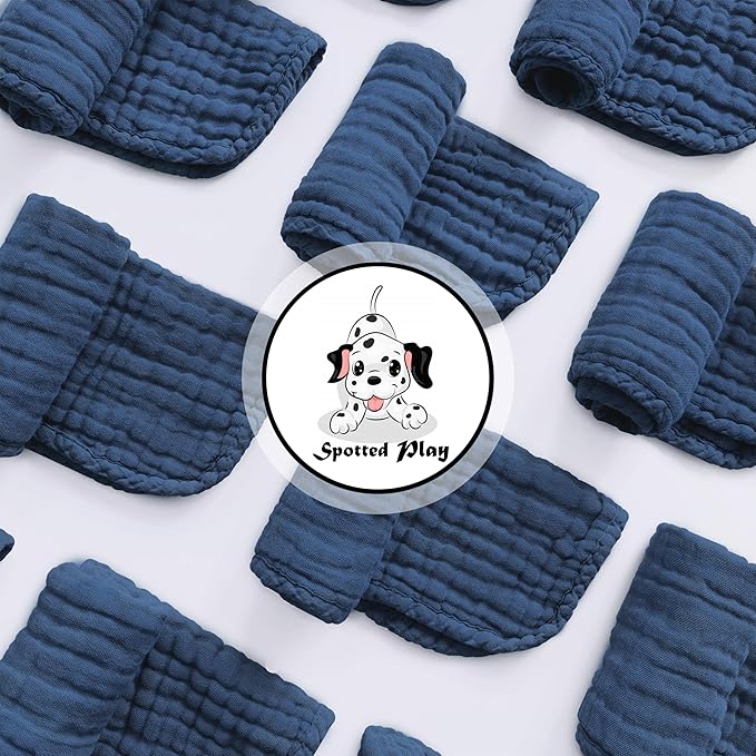 Spotted Play Muslin Burp Cloths 100% Cotton Large 20''x10'' Extra Soft and Absorbent Baby Wash Cloths Spit Up Rags - Baby Burping Cloth for Boys Girls Items(12 Pack Navy Blue)