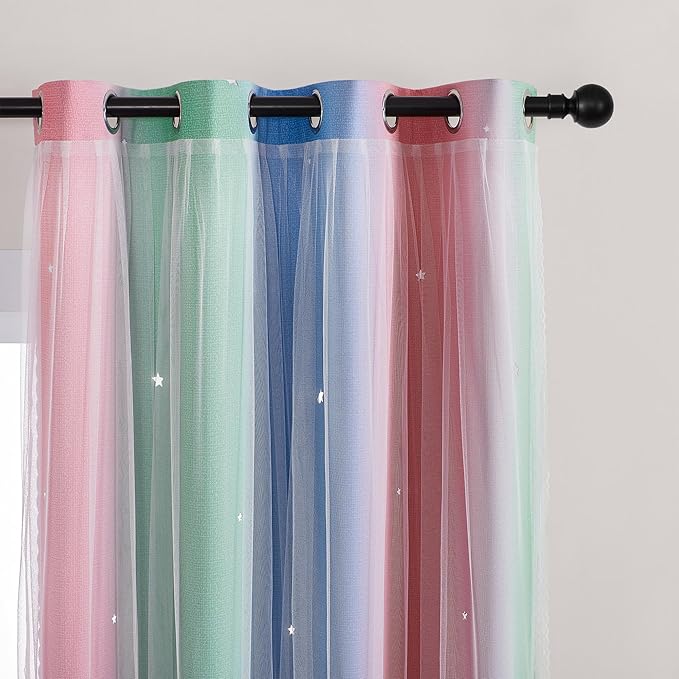 XiDi Pink & Rainbow Curtains for Kids & Girl Rooms - Blackout, Unicorn Wall Decals, Blue & Green, 34x84 Inch