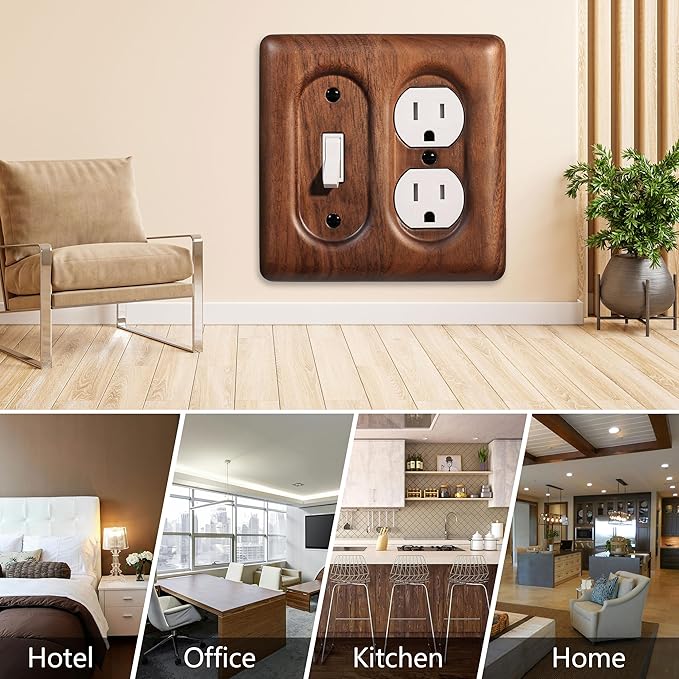 2-Pack Combo Toggle/Duplex Light Switch Cover Plate, Solid North American Walnut Plug Plate and Single Toggle Wall Plates for Rustic & Contemporary Interiors