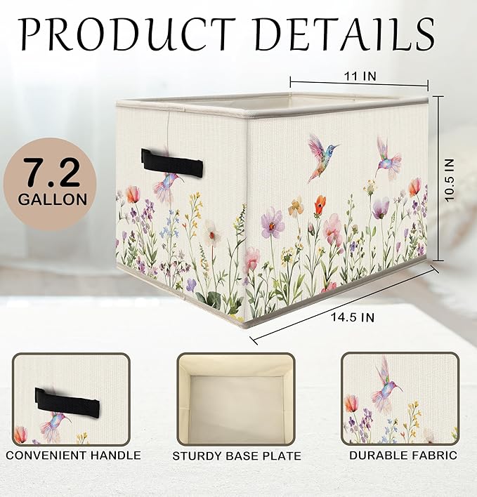 FDHSPAAM Rustic Wildflower Hummingbird Storage Bins Box with Handles, Cottagecore Botanical Floral Bird Collapsible Fabric Storage Basket Box Organizer for Bedroom Bathroom Clothes Toys Books