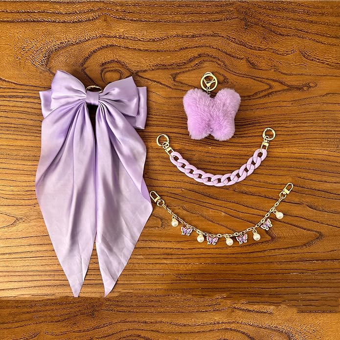 CuddleJunk Bag Charms for Tote Bags, Satin Bow Keychain Kit Accessories for Yeti Camino, Fluffy Ball Gold Chains Charms for Women Purse Beach Handbag