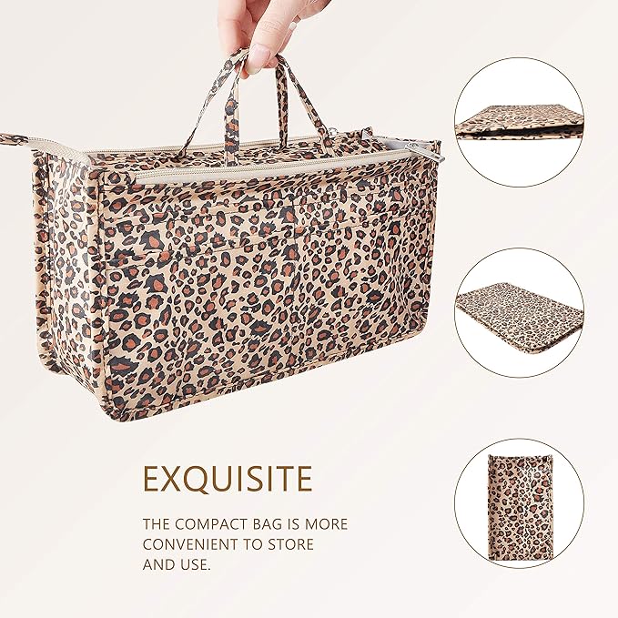 Vercord Patterned Purse Handbag Tote Pocketbook Bag Organizer Insert with Zipper Handle for Women Medium Leopard